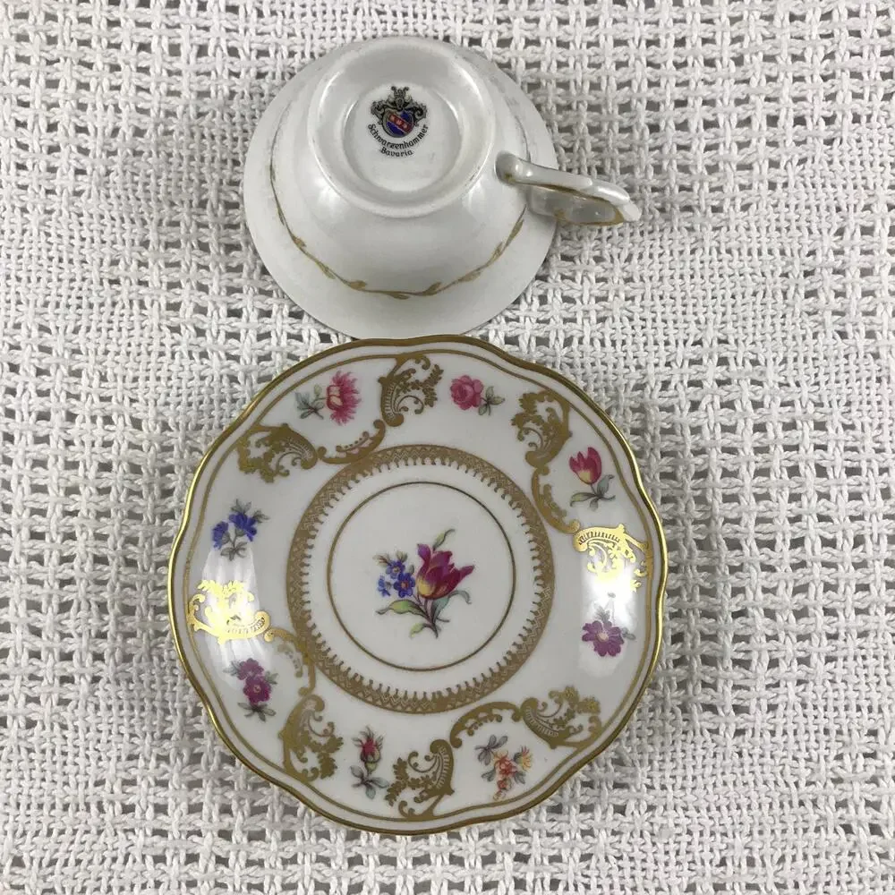 Teacup and Saucer Schwarzenhammer Bavaria Multicolor Floral Gold Details Vintage